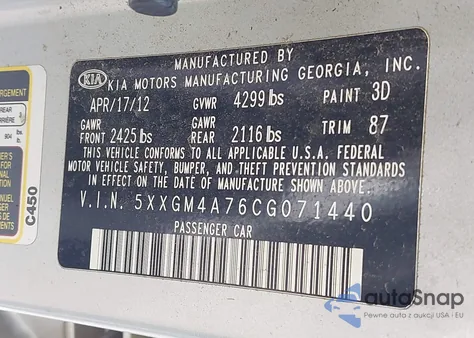 2012 Kia Optima Lx z USA, uszkodzony, nr VIN 5XXGM4A76CG071440